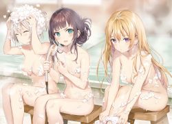 3girls blonde_hair blush breasts brown_hair censored censored_nipples closed_eyes convenient_censoring facing_viewer green_eyes long_hair medium_breasts momoko_(momopoco) multiple_girls navel nude open_mouth oshiego_ni_kyouhaku_sareru_no_wa_hanzai_desu_ka? purple_eyes same-sex_bathing shared_bathing shower_head silver_hair sitting small_breasts soap_bubbles soap_censor towel tsutsukakushi_seika uzurano_toe washing washing_hair water wet yayaya_yaya