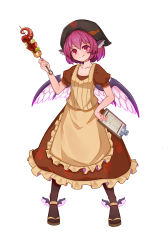 1girl absurdres animal_ears apron bad_id bad_pixiv_id bird_wings black_headscarf brown_dress brown_skirt brown_vest collarbone dress fang feathered_wings female_focus fish food hat headscarf highres mxr mystia_lorelei okamisty pink_eyes pink_hair puffy_short_sleeves puffy_sleeves short_hair short_sleeves skirt skirt_set solo touhou vest white_background wings yakitori