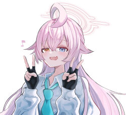 1girl :d absurdres ahoge black_gloves blue_archive blue_eyes blue_necktie blush brown_eyes commentary_request double_v eighth_note fang fingerless_gloves gloves halo handa_vega hands_up heterochromia highres hoshino_(blue_archive) long_hair long_sleeves musical_note necktie open_mouth pink_hair puffy_long_sleeves puffy_sleeves shirt smile solo upper_body v white_shirt