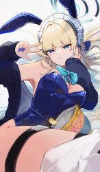 1girl animal_ears blonde_hair blue_archive blue_bow blue_eyes blue_leotard blue_nails blunt_bangs blurry blurry_background bow breasts chips_(food) cleavage commentary fake_animal_ears food halo highres koyuuuuuuuuuuu leotard long_hair looking_at_viewer lying maid_headdress nail_polish rabbit_ears solo strapless strapless_leotard symbol-only_commentary thigh_strap toki_(blue_archive) toki_(bunny)_(blue_archive) v