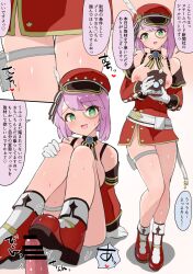 1boy 1girl assertive_female belt blue_brooch blue_gemstone bootjob boots bow breasts camera charlotte_(genshin_impact) cross-laced_clothes cross-laced_sleeves detached_sleeves femdom footjob gem genshin_impact gloves gold_trim green_eyes hat hat_feather highres holding holding_camera lace-up_sleeves long_sleeves monocle newsboy_cap nipples no_pants open_mouth out_of_frame penis pink_hair puffy_detached_sleeves puffy_sleeves red_boots red_hat red_skirt red_sleeves short_hair simple_background skirt smile suspender_skirt suspenders thighs white_background white_belt white_gloves white_trim yamabukiiro_(browncat)