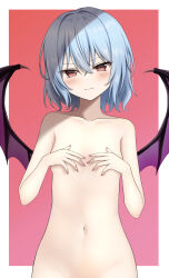 1girl absurdres bat_wings blue_hair blush border breasts closed_mouth collarbone commentary completely_nude covering_breasts covering_privates cowboy_shot crossed_bangs eyelashes groin hair_between_eyes hands_up highres looking_at_viewer nail_polish navel no_headwear nude out-of-frame_censoring pink_nails red_background red_eyes remilia_scarlet seductive_smile short_hair simple_background slit_pupils small_breasts smile solo szl touhou tsurime v-shaped_eyebrows white_border wings