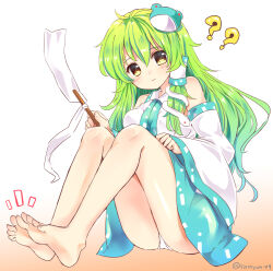 1girl ? ?? bare_legs bare_shoulders barefoot blue_skirt breasts closed_mouth collared_shirt detached_sleeves feet foot_focus frog_hair_ornament gohei gradient_background green_hair hair_between_eyes hair_ornament highres holding holding_gohei kochiya_sanae long_hair looking_at_viewer medium_breasts orange_background panties pantyshot ramudia_(lamyun) shirt skirt sleeveless sleeveless_shirt snake_hair_ornament soles solo toes touhou underwear very_long_hair white_background white_panties white_shirt white_sleeves wide_sleeves yellow_eyes