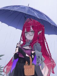 1girl baobhan_sith_(fate) baobhan_sith_(swimsuit_pretender)_(second_ascension)_(fate) black_skirt breasts capelet detached_sleeves earrings fate/grand_order fate_(series) glasses grey_capelet grey_eyes highres jewelry long_hair looking_at_viewer niwaikanai pink_hair pointy_ears purple_shirt rain round_eyewear shirt sidelocks skirt smile solo umbrella