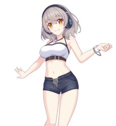 Rule 34 | 1girl, armpits, bare shoulders, belt, bracelet, breasts, camisole, chest belt, closed mouth, cowboy shot, croce (princess connect!), croce (real) (princess connect!), grey hair, hair between eyes, headphones, jewelry, large breasts, looking at viewer, medium hair, navel, official art, open hand, princess connect!, short shorts, shorts, smile, standing, tachi-e, thighs, transparent background, yellow eyes