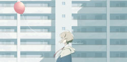 1boy absurdres ahoge balloon blue_eyes building collared_shirt commentary_request day drawstring from_side grey_hair grey_hoodie hair_between_eyes highres hood hood_down hoodie long_sleeves male_focus necktie original outdoors red_necktie sankakkee shirt short_hair sidelocks solo twitter_username upper_body white_shirt