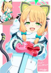 1girl :d absurdres alternate_costume animal_ear_headphones animal_ears apron aqua_coat aqua_necktie black_tail blonde_hair blue_archive blunt_bangs blush border bow bowl box box_of_chocolates cat_ear_headphones cat_ears cat_tail chibi chibi_inset chocolate chocolate_making coat collared_shirt commentary_request fake_animal_ears fake_tail flying_sweatdrops gift gloves green_apron green_bow green_eyes green_gloves green_halo hair_bow halo headphones heart-shaped_box highres holding holding_bowl holding_box holding_gift holding_tray hood hood_down hooded_coat incoming_gift long_sleeves looking_at_viewer low-tied_sidelocks medium_hair midori_(blue_archive) midori_(winter)_(blue_archive) multicolored_coat multiple_hair_bows nanoty necktie official_alternate_costume open_mouth outline outside_border parted_bangs parted_lips pink_background puffy_long_sleeves puffy_sleeves scarf scarf_bow shirt sidelocks signature simple_background smile tail tail_raised text_print translation_request tray upper_body v-shaped_eyebrows valentine white_border white_coat white_outline white_scarf white_shirt winter_clothes winter_coat |_|