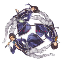 3boys bad_id bad_pixiv_id coat flynn_(megami_tensei) gauntlets jonathan_(megami_tensei) katana long_hair male_focus multiple_boys ponytail shin_megami_tensei shin_megami_tensei_iv sword unco_wc walter_(megami_tensei) weapon