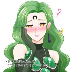 Rule 34 | 1girl, bishoujo senshi sailor moon, black moon clan, blush, crescent, crescent facial mark, crystal earrings, earrings, elbow gloves, esmeraude (sailor moon), facial mark, forehead mark, gloves, green hair, highres, jewelry, kuroasa24, long hair, looking at viewer, simple background, smile, solo, white background