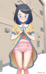 Rule 34 | 1girl, black hair, blue eyes, blurry, blurry background, blush, closed mouth, clothes lift, collared dress, colored inner hair, commentary request, commission, cowlick, dress, dress lift, enigma numx, eyelashes, hair ornament, hairclip, highres, lifting own clothes, liko (pokemon), looking down, multicolored hair, nintendo, panties, pink panties, pixiv commission, pokemon, pokemon (anime), pokemon horizons, short sleeves, solo, split mouth, standing, swept bangs, underwear, yellow dress