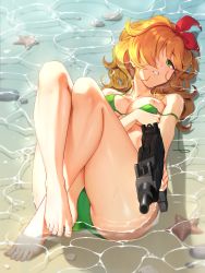 1girl absurdres bare_arms bare_legs barefoot blonde_hair bow bra bra_slip cameltoe caustics clenched_teeth crossed_legs curly_hair dragon_ball dragon_ball_(classic) female_focus from_above full_body green_bra green_eyes green_panties gun hair_bow hair_over_one_eye hand_on_breast highres legs_up long_hair looking_at_viewer lunch_(bad)_(dragon_ball) lunch_(dragon_ball) lying machine_pistol nipple_slip nipples ocean on_back panties partially_submerged perspective pointing pointing_at_viewer pov red_bow reiji-rj solo starfish submachine_gun teeth underwear uzi weapon