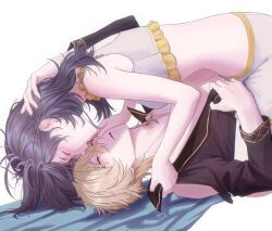 aventurine_(honkai:_star_rail) blonde_hair bra brown_shirt closed_eyes djinchnizhnsh1 grey_hair hair_between_eyes highres honkai:_star_rail honkai_(series) licking long_hair long_sleeves lying open_clothes open_mouth open_shirt pants shirt short_hair stelle_(honkai:_star_rail) tongue tongue_out trailblazer_(honkai:_star_rail) underwear white_bra white_pants