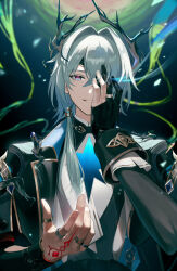 Rule 34 | 1boy, anaxa (honkai: star rail), anna (drw01), aqua eyes, aqua hair, ascot, black capelet, black gloves, black shirt, blue vest, branch, brooch, capelet, earrings, eye trail, eyepatch, fingerless gloves, gem, gloves, gold trim, hair intakes, hair over shoulder, hand on own chest, hand on own face, hand up, highres, honkai: star rail, honkai (series), jewelry, light trail, long hair, long sleeves, low ponytail, male focus, multicolored eyes, multiple rings, partially fingerless gloves, ponytail, purple eyes, red gemstone, red tattoo, ring, shirt, single glove, sleeve cuffs, smirk, solo, tattoo, two-tone eyes, upper body, vest, white ascot
