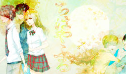 1girl 2boys aged_down alice_xion ayase_chihaya bad_anatomy bad_hands black_hair blonde_hair brown_eyes brown_hair chihayafuru closed_eyes mashima_taichi multiple_boys plaid running school_uniform smile wataya_arata