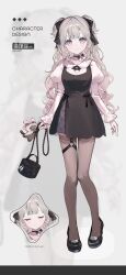 1girl argyle_clothes argyle_skirt bag black_bag black_bow black_bowtie black_choker black_dress black_shoes blunt_bangs bow bow_choker bowtie cat choker close-up closed_eyes closed_mouth collared_shirt commentary_request cona_kinaco dot_nose dress eyelashes flats frilled_sleeves frills full_body gradient_hair grey_background grey_hair grey_pantyhose grey_skirt hair_bow highres holding holding_bag juliet_sleeves kitten kneehighs light_blush long_hair long_sleeves looking_at_viewer loose_hair_strand miniskirt multicolored_hair o-ring o-ring_thigh_strap original pantyhose pinafore_dress pink_hair puffy_sleeves purple_eyes see-through_pantyhose shirt shoes short_dress shoulder_bag siamese_cat side_slit skirt skirt_under_dress sleeveless sleeveless_dress sleeves_past_wrists smile socks solo tareme thigh_strap tight_clothes tight_shirt two-tone_bow two-tone_bowtie two_side_up very_long_hair white_bow white_bowtie white_shirt zoom_layer