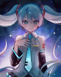 1girl bare_shoulders black_background black_skirt black_sleeves blue_background blue_eyes blue_hair blue_nails blue_necktie blush collared_shirt detached_sleeves floating_hair gradient_background grey_shirt hair_between_eyes hair_ornament hairclip hand_on_own_chest hatsune_miku headphones highres long_hair looking_at_viewer microphone miniskirt necktie nekokan_(awao_o) night night_sky number_tattoo pleated_skirt shirt shoulder_tattoo sidelocks skirt sky sleeveless sleeveless_shirt smile solo sparkle star_(sky) striped_clothes striped_shirt striped_skirt striped_sleeves tattoo twintails very_long_hair vocaloid white_background