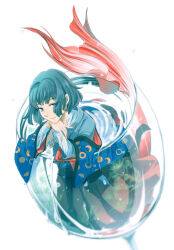 Rule 34 | 1boy, black hakama, blue eyes, blue hair, blue jacket, blunt bangs, bob cut, bungou to alchemist, closed mouth, crescent print, cup, drinking glass, full body, grey kimono, hagiwara sakutarou (bungou to alchemist), hakama, hanten (clothes), head on hand, in container, in cup, jacket, japanese clothes, kacka, kimono, long sleeves, looking at viewer, male focus, merman, monster boy, monsterification, off shoulder, partially submerged, shirt, short hair, siamese fighting fish, sideways glance, simple background, smile, solo, water, white background, white shirt, wine glass