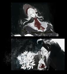 2girls artist_request ascot blonde_hair blood bloodborne blue_eyes cape coat gem gloves hat hat_feather highres lady_maria_of_the_astral_clocktower long_hair looking_at_viewer multiple_girls plain_doll ponytail simple_background tricorne white_hair