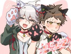 Rule 34 | 2boys, ahoge, animal ears, animal hands, bell, blush, brown hair, cat day, cat ears, choker, coat, collared shirt, danganronpa (series), danganronpa 2: goodbye despair, fake animal ears, fang, gloves, green necktie, grey hair, hair between eyes, hinata hajime, komaeda nagito, long sleeves, looking at viewer, male focus, messy hair, multiple boys, neck bell, necktie, open clothes, open coat, open mouth, paw gloves, r9rpd, shirt, short sleeves, simple background, skin fang, sweat, upper body, white shirt