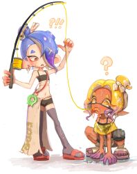 !? 2girls ? black_thighhighs blonde_hair blue_hair cephalopod_eyes closed_mouth colored_eyelashes colored_tips commentary_request crop_top dark-skinned_female dark_skin earrings eyelashes fish_hook_earrings fishing_rod frye_(splatoon) frye_(splatoon_raiders) hair_over_one_eye highres holding holding_fishing_rod inkling jewelry korean_commentary long_hair multicolored_hair multiple_girls navel nintendo octoling okobo open_mouth platform_sandals pointy_ears purple_hair red_eyes red_pupils red_sandals sandals shiver_(splatoon) shiver_(splatoon_raiders) short_eyebrows simple_background single_earring smile splatoon_(series) splatoon_raiders squatting star-shaped_pupils star_(symbol) sweat symbol-shaped_pupils tentacle_hair thick_eyebrows thighhighs topknot two-tone_hair uuurung white_background yellow_eyes yellow_pupils