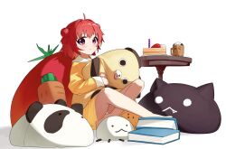 absurdres akaza_akari bean_bag book cake candle child cup food fruit hair_bun highres holding holding_stuffed_toy keibi_inu mug nanamori_school_uniform pajamas purple_eyes red_hair school_uniform simple_background strawberry stuffed_animal stuffed_dog stuffed_toy table white_background yellow_pajamas yuruyuri