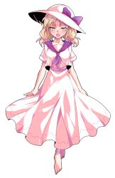 1girl :o arms_at_sides barefoot blush bow breasts collarbone commentary_request dairi floating_clothes full_body half-closed_eyes hat hat_bow highres large_variant_set long_hair long_skirt looking_at_viewer louise_(touhou) low_twintails medium_breasts neckerchief open_mouth orange_eyes orange_hair pink_hat pink_shirt pink_skirt purple_bow purple_neckerchief raised_inner_eyebrows shirt short_sleeves simple_background skirt solo standing straight-on sun_hat tachi-e tearing_up touhou touhou_(pc-98) transparent_background twintails variant_set wispy_bangs