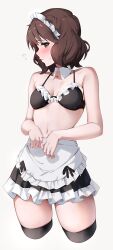 1girl apron bare_shoulders bikini black_bikini blush brown_eyes brown_hair cowboy_shot curly_hair detached_collar frilled_bikini frills hibike!_euphonium highres lie_lack1080 looking_at_viewer maid maid_bikini maid_headdress navel oumae_kumiko profile short_hair skirt solo swimsuit thighhighs unconventional_maid