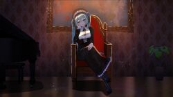 1girl alternate_costume alternate_footwear aqua_eyes aqua_hair arm_support black_boots blue_flower blue_rose boots chair closed_mouth commission crossed_legs dark double-parted_bangs flower frilled_sleeves frills hair_between_eyes hand_on_own_thigh hatsune_miku head_rest highres indoors instrument jewelry lightning long_hair long_sleeves looking_at_viewer maid_headdress mochalens on_chair piano piano_bench picture_frame plant potted_plant ring rose shadow sitting skeb_commission twintails vocaloid