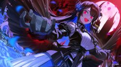 1girl :d asymmetrical_horns bare_tree belt black_bow black_bowtie black_gloves black_hair black_necktie black_skirt black_vest black_wings blue_hair blurry blurry_background bow bowtie breasts clothing_cutout collared_shirt colored_inner_hair commentary copyright_notice demon_horns dress_shirt english_commentary falling_petals feather-trimmed_sleeves feathered_wings flower flower_knot framed_breasts full_moon gloves hair_ornament highres hololive hololive_english horn_flower horns huge_moon large_breasts long_hair long_sleeves looking_at_viewer low_wings mole mole_under_eye moon multicolored_hair necktie nerissa_ravencroft nerissa_ravencroft_(1st_costume) official_art open_mouth outstretched_arms petals red_eyes red_sky ribbed_shirt shirt shoulder_cutout sidelocks skirt sky slit_pupils smile solo swept_bangs tassel tassel_hair_ornament teeth tree underbust uneven_horns upper_teeth_only very_long_hair vest virtual_youtuber white_shirt wings yomosaka