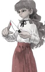 Rule 34 | 1girl, black ribbon, blood, brown eyes, brown hair, closed mouth, commentary, cowboy shot, fear &amp; hunger (series), fear &amp; hunger 2: termina, frilled shirt collar, frills, highres, holding, holding knife, kitchen knife, knife, long hair, long sleeves, looking ahead, marina (fear &amp; hunger), neck ribbon, oreoppi, pink skirt, ribbon, shirt, shirt tucked in, simple background, skirt, solo, white background, white shirt