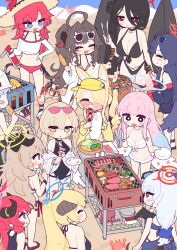 6+girls ahoge akari_(blue_archive) animal_ear_fluff animal_ears beach bikini black_hair black_wings blonde_hair blue_archive blush breasts brown_hair cleavage closed_eyes commentary_request cooking corn corn_cob crab eating eyewear_on_head food fox_ears fox_girl grill grilling hair_between_eyes hair_ornament hair_over_one_eye hair_scrunchie halo hand_on_own_hip haruna_(blue_archive) hasumi_(blue_archive) hasumi_(swimsuit)_(blue_archive) hat highres holding holding_plate hot_springs_department_member_(blue_archive) ichika_(blue_archive) ichika_(swimsuit)_(blue_archive) ikayaki izumi_(blue_archive) junko_(blue_archive) kasumi_(blue_archive) kasumi_(swimsuit)_(blue_archive) large_breasts long_hair medium_breasts megu_(blue_archive) megu_(swimsuit)_(blue_archive) mika_(blue_archive) mika_(swimsuit)_(blue_archive) morotake multicolored_hair multiple_girls nagisa_(blue_archive) nagisa_(swimsuit)_(blue_archive) octopus off_shoulder one-piece_swimsuit open_mouth outdoors pink_hair plate ponytail red_bikini red_eyes red_hair sand sarong scrunchie seia_(blue_archive) seia_(swimsuit)_(blue_archive) small_breasts standing straw_hat striped_bikini striped_clothes sunglasses swimsuit tail vegetable very_long_hair visor_cap white_bikini white_wings wings yellow_hat