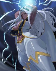 1girl animification blue_eyes breasts cleavage dark-skinned_female dark_skin earrings electricity highres jewelry large_breasts lightning lightning_bolt_earrings lightning_bolt_symbol long_hair looking_at_viewer marvel marvel_tokon:_fighting_souls mugi_(mugit49) solo storm storm_(x-men) superhero_costume very_dark_skin white_hair x-men