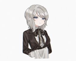 1girl 68oljg black_bow black_bowtie black_jacket blue_eyes bow bowtie butler faust_(project_moon) female_butler gloves jacket limbus_company long_sleeves looking_at_viewer project_moon ribbon shirt short_hair simple_background smile solo upper_body white_background white_gloves white_hair white_shirt wuthering_heights_(identity)_(project_moon) yellow_ribbon