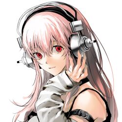 Rule 34 | 1girl, hair between eyes, hand up, headphones, highres, looking at viewer, nitroplus, open mouth, pink hair, red eyes, satou koromi, simple background, smile, solo, super sonico, white background