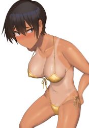 1girl bikini black_eyes black_hair blush breasts closed_mouth collarbone commentary_request covered_erect_nipples dark_skin front-tie_top gold_bikini hair_between_eyes highres kuronami_(lvi) leaning_forward lvi medium_breasts navel nervous_smile one-piece_tan original paid_reward_available shiny_skin short_hair side-tie_bikini_bottom simple_background smile solo stomach string_bikini sweat swimsuit tan tanline thighs tomboy white_background