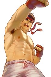 1boy abs armpit_hair armpits bad_id bad_twitter_id bara boxing_gloves brown_hair facial_hair fingerless_gloves foreshortening from_below frown gloves large_pectorals male_focus mature_male mma_gloves muscular muscular_male navel nipples obliques pants pectorals perspective ryu_(street_fighter) short_hair sideburns solo stomach street_fighter stubble thick_eyebrows topless_male training usada_(usaddd) white_pants