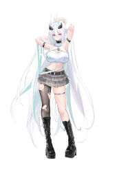 1girl absurdres alternate_costume arm_behind_head armlet armpits arms_up azur_lane bare_shoulders belt black_belt black_boots black_pantyhose blue_hair boots breasts changgong8745 cleavage cleavage_cutout clothing_cutout colored_inner_hair commentary crop_top frilled_skirt frills grey_skirt hair_lift halterneck hands_in_own_hair headgear highres jewelry kearsarge_(azur_lane) large_breasts layered_skirt long_hair looking_at_viewer midriff miniskirt multicolored_hair pantyhose platform_boots purple_eyes shirt simple_background single_leg_pantyhose skirt sleeveless sleeveless_shirt solo spiked_armlet standing streaked_hair torn_clothes torn_pantyhose two-tone_hair very_long_hair white_background white_belt white_hair white_shirt y2k_fashion