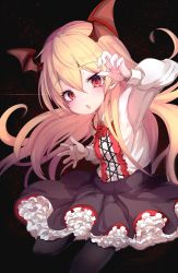 1girl arm_up bat_wings black_pantyhose black_skirt blonde_hair blush collared_shirt commentary_request fang female_focus fingernails frilled_shirt_collar frills granblue_fantasy hair_between_eyes head_wings highres long_hair long_sleeves pantyhose parted_lips pleated_skirt puffy_long_sleeves puffy_sleeves rai_(sakuranbo_sugar) red_eyes red_wings shirt skirt solo standing standing_on_one_leg vampy very_long_hair white_shirt wings