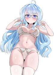 1girl ahoge bare_arms bare_shoulders blue_eyes blue_hair blush bra breasts closed_mouth collarbone groin highres long_hair medium_breasts navel panties shiunji-ke_no_kodomotachi shiunji_seiha short_eyebrows simple_background skindentation solo strap_lift sweat thick_eyebrows thigh_gap thighhighs underwear underwear_only unname very_long_hair white_background white_bra white_panties white_thighhighs