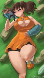 1boy 1girl artclonov_(60170343) artist_name bare_shoulders blue_gloves blush boulder breasts brown_hair cleavage cleavage_cutout clothing_cutout commentary_request couple curvy diane_(nanatsu_no_taizai) eyelashes fairy_wings fingerless_gloves formal_clothes giant giantess gloves grass grasslands hand_on_own_stomach hetero highres king_(nanatsu_no_taizai) large_breasts lying nanatsu_no_taizai on_back orange_shoes purple_eyes rock shoes shorts size_difference smile stone suit thick_thighs thighs twintails wings