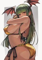 1girl absurdres ap_cammy arched_back ass bare_shoulders bikini blunt_bangs border breasts commentary_request darkstalkers demon_girl demon_wings from_behind gold_bikini green_eyes green_hair head_wings highres large_breasts long_hair looking_back looking_up median_furrow morrigan_aensland outside_border revision side-tie_bikini_bottom sideboob solo swimsuit white_border wings yellow_bikini