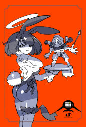 1girl animal_ear_hairband animal_ears bob_cut breasts fake_animal_ears gelgoog_(gquuuuuux) gundam gundam_gquuuuuux hairband halo highres kenki_fujioka leotard looking_at_viewer mecha playboy_bunny rabbit rabbit_ear_hairband rabbit_ears rabbit_tail robot shiiko_sugai sideboob strapless strapless_leotard tail thigh_strap tray