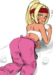 ! bare_shoulders blonde_hair dark-skinned_female dark_skin elen_(mabinogi) green_eyes hair_intakes hairband highres looking_at_viewer mabinogi pants pink_pants simple_background sleeveless