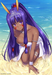 1girl animal_ears any_(trueblue) armlet bikini breasts comiket_94 dark-skinned_female dark_skin earrings facial_mark fate/grand_order fate_(series) hoop_earrings jackal_ears jewelry kneeling large_breasts long_hair looking_at_viewer nitocris_(fate) nitocris_(fate/grand_order) nitocris_(swimsuit_assassin)_(fate) nitocris_(swimsuit_assassin)_(third_ascension)_(fate) purple_eyes purple_hair sarong smile solo swimsuit thighlet tiara very_long_hair white_bikini
