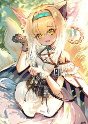 Rule 34 | 1girl, absurdres, animal ear fluff, animal ears, arknights, bare shoulders, black gloves, blonde hair, blue hairband, braid, braided hair rings, clothing cutout, colored tips, dress, earpiece, fangs, fox ears, fox girl, fox tail, frilled sleeves, frills, gloves, green eyes, hair between eyes, hair rings, hairband, highres, kitsune, kyuubi, looking at viewer, material growth, md5 mismatch, multicolored hair, multiple tails, open mouth, oripathy lesion (arknights), paw pose, purple dress, revision, short hair, short sleeves, shoulder cutout, single glove, single wrist cuff, sketch, solo, suzuran (arknights), tail, twin braids, two-tone hair, white hair, wrist cuffs, zbobo