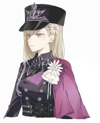 0404m 1girl aiguillette belt black_belt black_coat black_hat blonde_hair blue_eyes braid buttons clarice_(rune_factory) closed_mouth coat commentary_request cropped_torso flower hair_flower hair_ornament hat highres long_hair peaked_cap rune_factory rune_factory:_guardians_of_azuma side_cape simple_background solo upper_body white_background white_flower