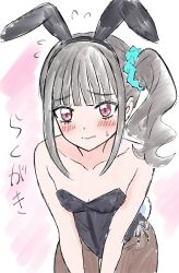 Rule 34 | 1girl, absurdres, animal ears, bare arms, bare shoulders, black hairband, black leotard, black pantyhose, blue scrunchie, blunt bangs, blush, breasts, cleavage, closed mouth, collarbone, cowboy shot, fake animal ears, grey hair, hair ornament, hair scrunchie, hairband, highres, hiragizaka aoi, leaning forward, leotard, nekoyashiki mayu, pantyhose, playboy bunny, precure, rabbit ears, red eyes, ribbon, scrunchie, side ponytail, sketch, small breasts, solo, standing, strapless, strapless leotard, sweatdrop, white background, white ribbon, wonderful precure!