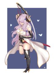 Rule 34 | 1girl, asymmetrical gloves, boots, breasts, bug, butterfly, draph, full body, gloves, granblue fantasy, hair over one eye, holding, holding sword, holding weapon, horns, insect, katana, large breasts, long hair, narmaya (granblue fantasy), pointy ears, purple hair, solo, sword, thigh boots, thigh strap, very long hair, weapon, yggsil