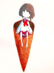 1girl barefoot brown_hair closed_mouth commentary facing_viewer food full_body ice_cream_cone in_food long_sleeves melting mini_person minigirl neckerchief original pleated_skirt red_neckerchief red_sailor_collar red_skirt sailor_collar sailor_shirt school_uniform serafuku shirt short_hair sideways_glance simple_background sitting skirt solo tareme tokunaga_aoi traditional_media waffle_cone white_background white_shirt
