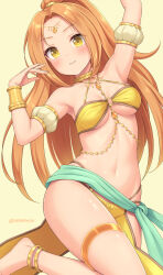 1girl anklet arm_up armlet blush bracelet breasts closed_mouth dancer diadem highres jewelry looking_at_viewer medium_breasts orange_hair original pelvic_curtain sasaame simple_background smile solo thighlet yellow_background yellow_eyes